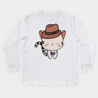 Funny Tabby cat is holding a camera Kids Long Sleeve T-Shirt